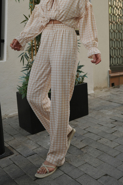 Molly Nelly Γυναικείο λεπτό ελαστικό παντελόνι με καρό με καρό μεσογειακό