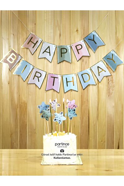 partince Σετ γενεθλίων 3 τεμαχίων Happy Birthday Banner Στολίδι κέικ και χρυσό σετ πάρτι με κερί