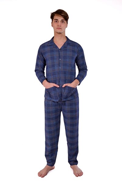 AYSUN TEKSTİL Kalitesinde Pamuklu Yazlık Geniş Kesim Ceket Yaka Ekoseli Önden Düğmeli Erkek Pijama