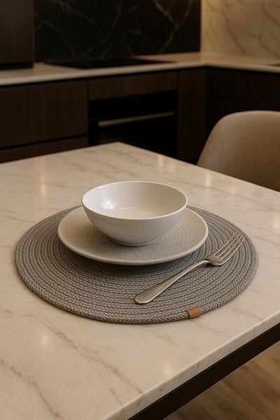 Alper Banyo 6 Piece Gray Jute Supla Set, American Service Set, Luxury Presentation Plate Mat (33 X 33 cm)