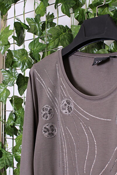 YXL COLLECTION Γυναικεία μπλούζα μεγάλου μεγέθους Lycra Stone Print με μανίκια τριών τετάρτων (4 εποχών) Mother Blouse - Mink