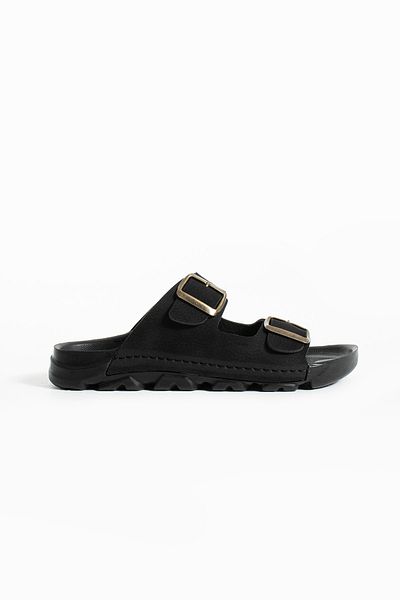 Moda Devrin Papuci negri de vară unisex cu cataramă dublă, moi și ușoare