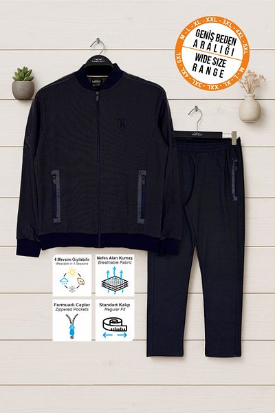 BESSA Ανδρικό σετ αθλητικής φόρμας Navy Blue με τσέπες με φερμουάρ Ύφασμα με ίσιο σχέδιο