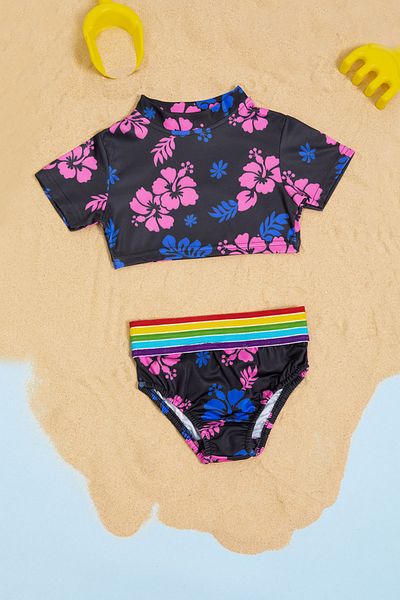 Cansın Mini Black Floral Patterned Rainbow Stripe Girl's 2-Piece Swimsuit Set 21112