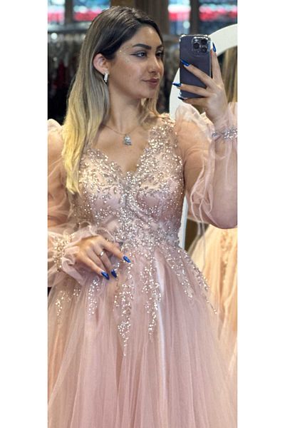 Abiyeniall Long Sleeve Lace Detailed Midi Tulle Evening Dress - 7071
