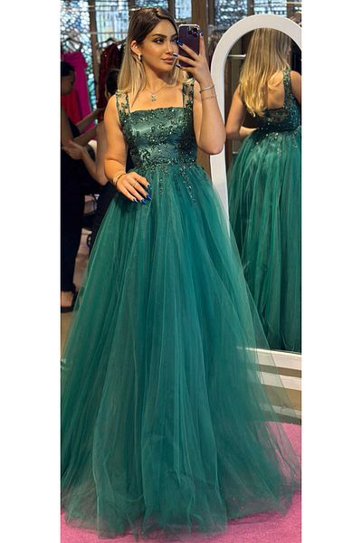 Abiyeniall Green Thick Strap Flared Skirt Tulle Long Evening Dress 7403