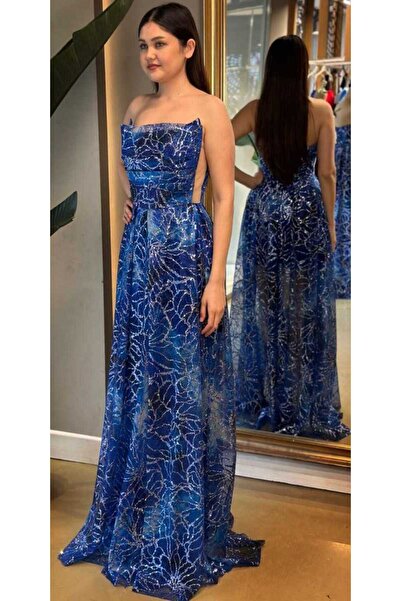 Abiyeniall Saks Anvelop Yırtmaçlı Kloş Etekli Desenli Uzun Abiye Elbise 7678