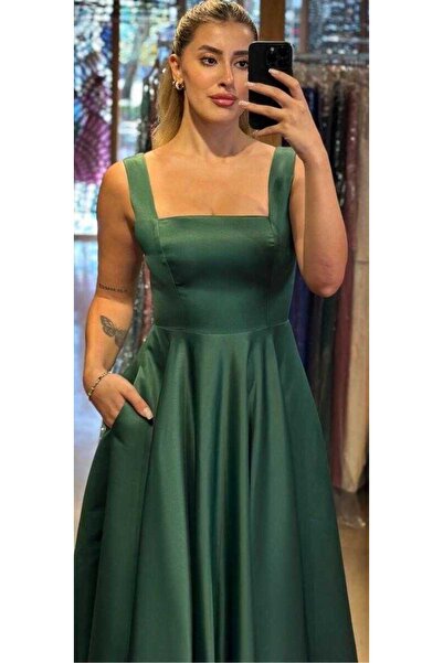 Abiyeniall Yeşil Kalın Askı Kloş Etekli Saten Midi Abiye Elbise 7631