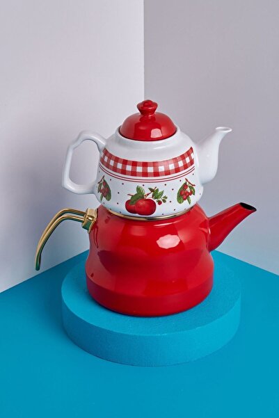 Miss Betty KIRMIZI EMAYE ROYAL PORSELEN DEMLİKLİ ÇAYDANLIK