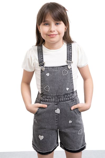 Cansın Mini Black Heart Embroidered Shorts and Salopet Girl's Badi 2 Piece Set 21019