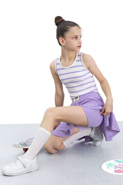 Cansın Mini Лилава тенис пола с еластична талия, оребрена за момичета, 21038