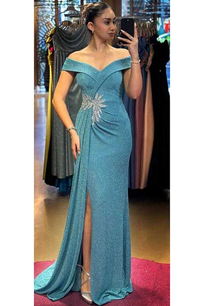 Abiyeniall Turquoise Stone Detailed Slit Straight Cutout Silvery Long Evening Dress 7566