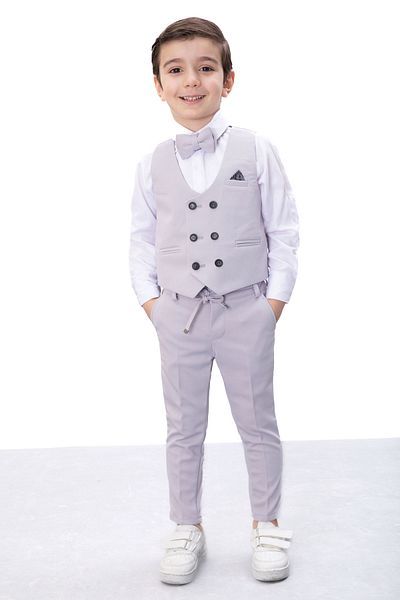 Cansın Mini Gray Buttoned Vest and Bow Tie Shirt and Boy's 4-Piece Suit 20544