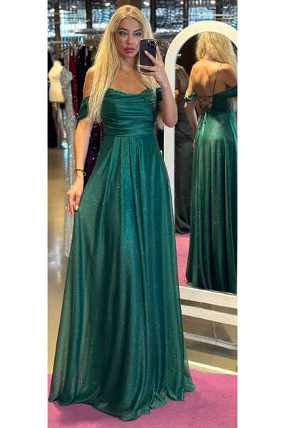 Abiyeniall Yeşil İp Askılı Sırt Dekolteli Kloş Etekli Simli Kumaş Uzun Abiye Elbise 7365