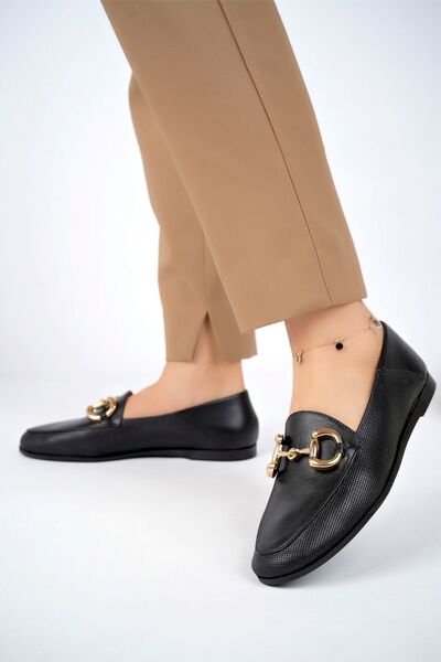 Deripabuc Hakiki Deri Baskılı Siyah Kadın Deri Babet PCC-F07