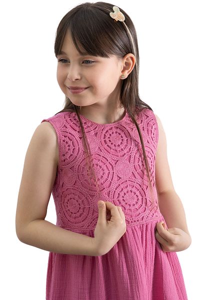 Cansın Mini Fuchsia Lace Embroidered Muslin Girl's Dress 20777