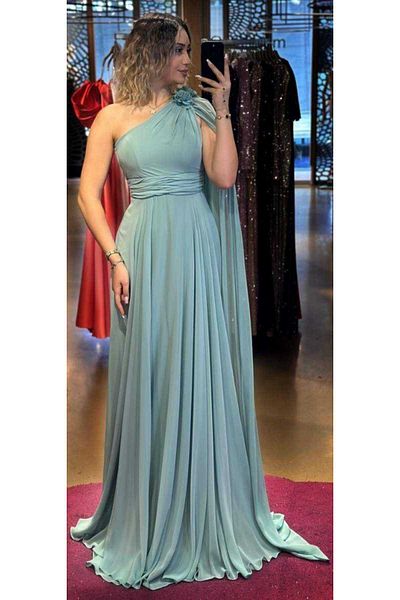 Abiyeniall Mint Chiffon Evening Dress - One Shoulder, Flower Detail, Flared Skirt - 7401