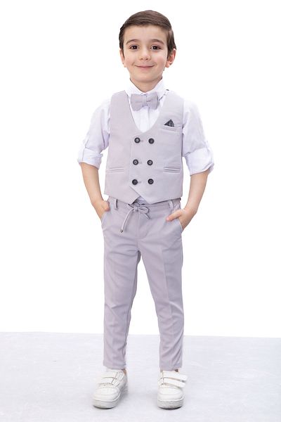 Cansın Mini Gray Buttoned Vest and Bow Tie Shirt and Boy's 4-Piece Suit 20544