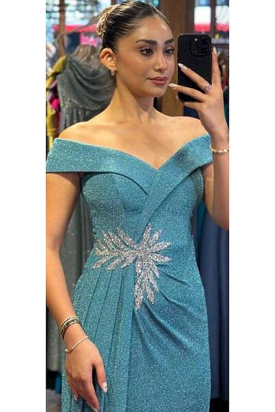Abiyeniall Turquoise Stone Detailed Slit Straight Cutout Silvery Long Evening Dress 7566