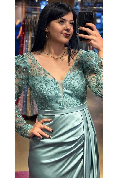 Abiyeniall Mint Long Sleeves Slit Straight Cut Satin Long Evening Dress 7244