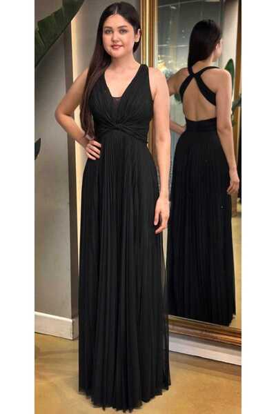 Abiyeniall Siyah Kalın Askı Sırt Dekolteli Kloş Etekli Şifon Tül Uzun Abiye Elbise 7645