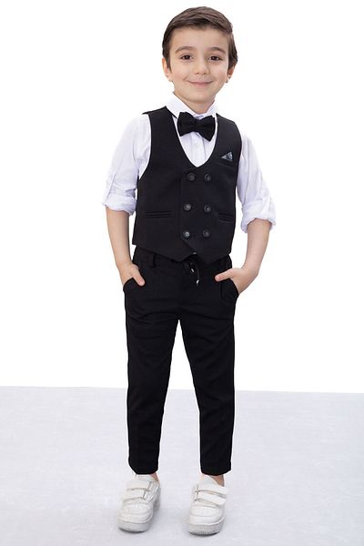 Cansın Mini Black Buttoned Vest and Bow Tie Shirt Boy's 4-Piece Suit 20542
