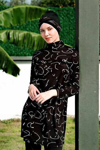 Mayom Line Patterned Full Size Lycra Digital Hijab Swimsuit-2411