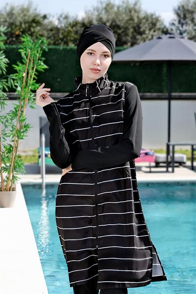 Mayom Black Women's Striped Full Hijab Swimsuit with Tights Boneli 3 Piece Set Full Hijab Swimsuit