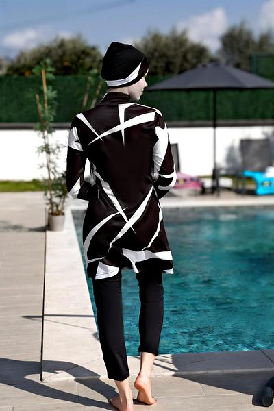 Mayom Geometric Line Patterned Full Size Lycra Digital Hijab Swimsuit-2413
