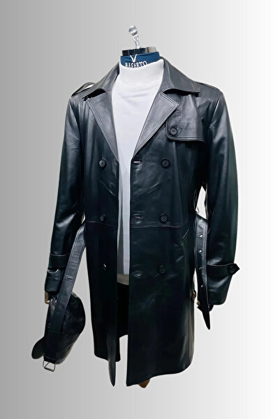 MASERTO سترة جلدية طويلة سوداء للرجال، معاطف جلدية طويلة أنيقة ومتينة للرجال