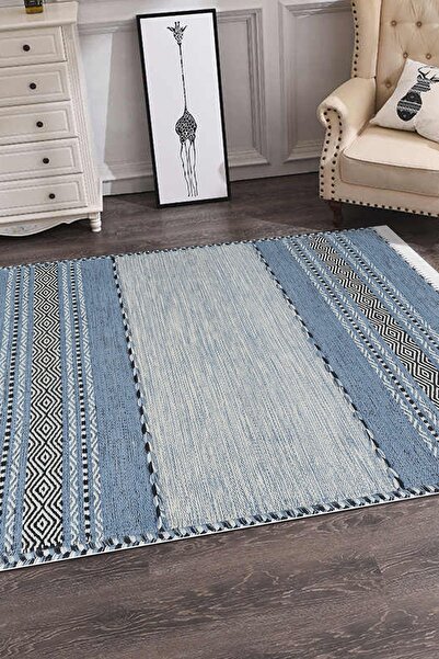 Serteks Modern Kilim Desen Mavi Halı Salon Oturma Odası Mutfak Halısı Yolluk
