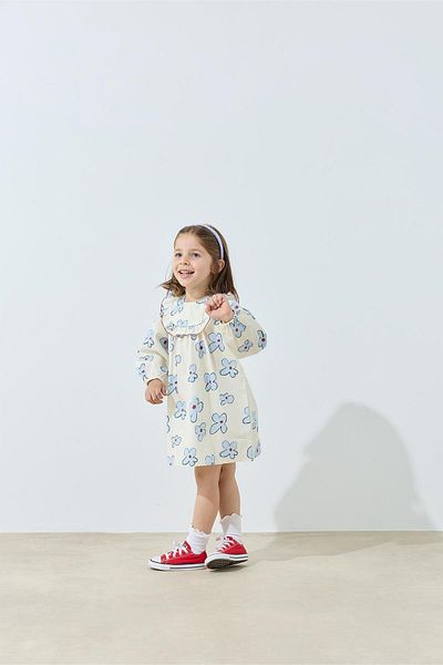 Tics Ecru Ruffled Floral Patterned Dress