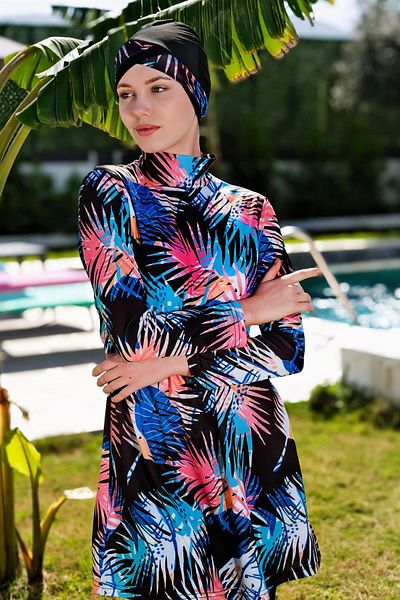 Mayom Tropical Patterned Full Size Lycra Digital Hijab Swimsuit-2412
