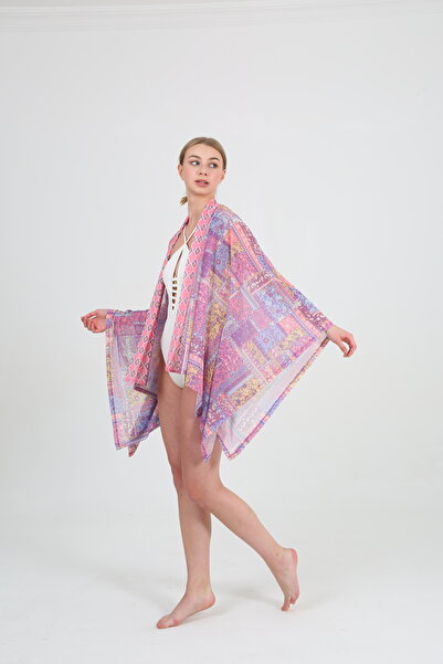 EDSA Pembe Tül Desen Baskılı Kimono&Kaftan