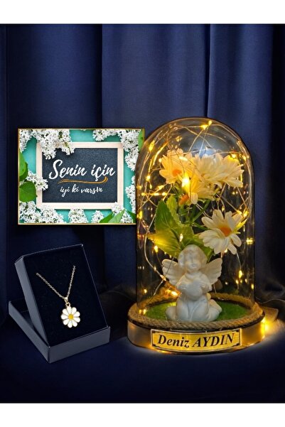 hediye arıları Led Işıklı Papatyalı Ve Beyaz Melekli Fanus Aranjmanı & Papaty...