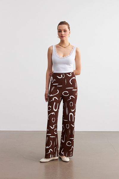 Trendseninle Women's Brown Patterned Pipe Leg Trousers