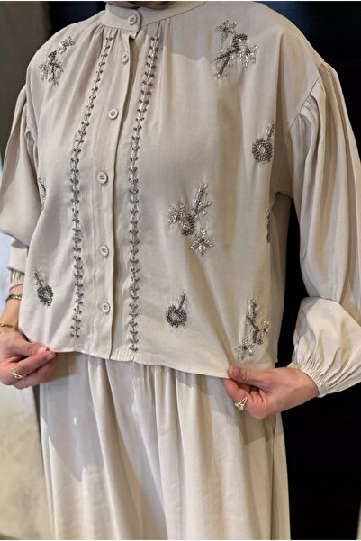 Safgiyim44 Beaded Shirt Skirt Double Hijab Suit Stone