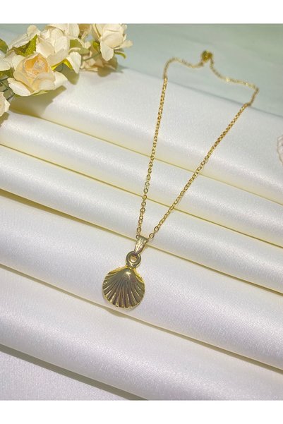 Furtek Aksesuar Women's Gold Elegant Chain Steel Seashell Motif Necklace Model