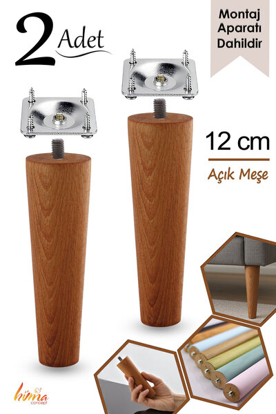 GLASWEN Ahşap Ayak 12 Cm 4'lü Set Açık Meşe M8 Civatalı Bağlantı Aparatlı Dol...