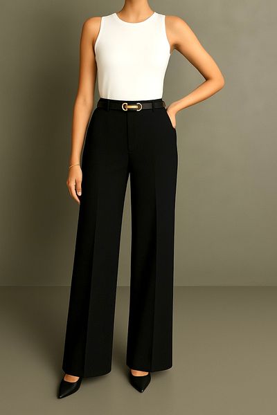 Heyya Women's High Waist Classic Belted Black Fabric Trousers 110 cm