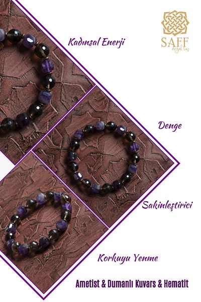 Saff Doğal Taş Certified Natural Amethyst, Smoky Quartz and Hematite Bracelet – Saff Natural Stone