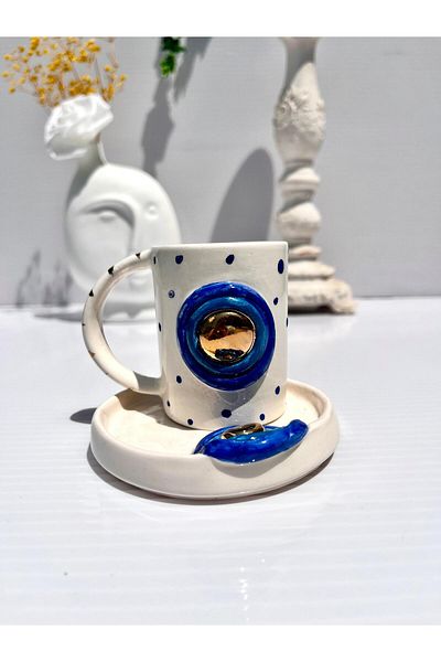 AYLEFE HOBBY 24K Gold Detailed Ceramic Turkish Coffee Cup with Evil Eye Beads