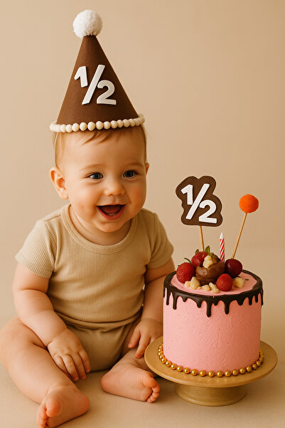 aloha concept 1/2 Kahve Parti Şapkası Seti Pasta Süslü 6 Aylık Oldum Yarım Yaş