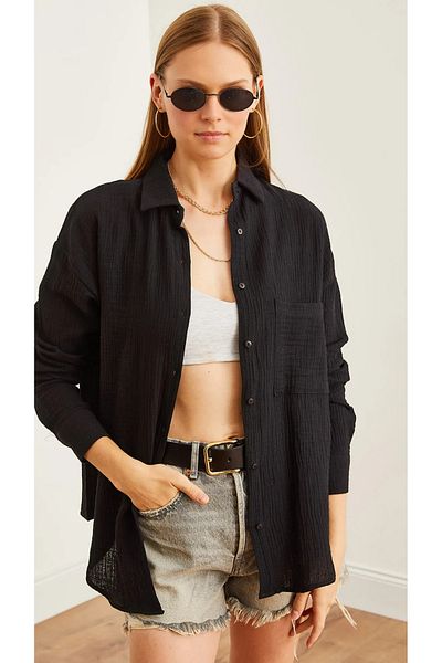 THIFF GYMWEAR Cămașă de muselină neagră oversize de bază cu buzunare