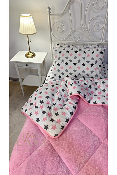 Violacasa Tek Kişilik Welsoft Pufidik Uyku Seti (Lastikli Çarşaflı) Pembe Yıldız