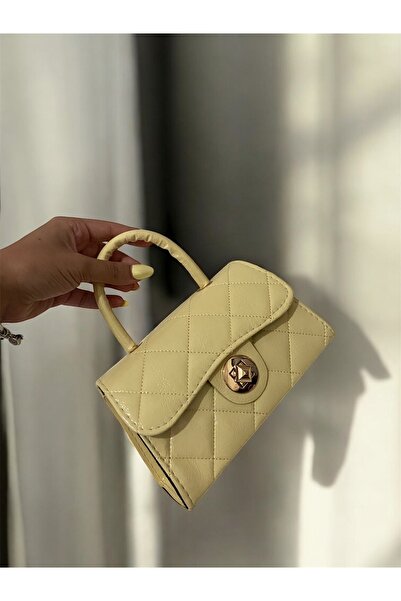 Melos Butik Women's Butter Yellow Yellow Quilted Lock Detailed Hand and Shoulder Bag