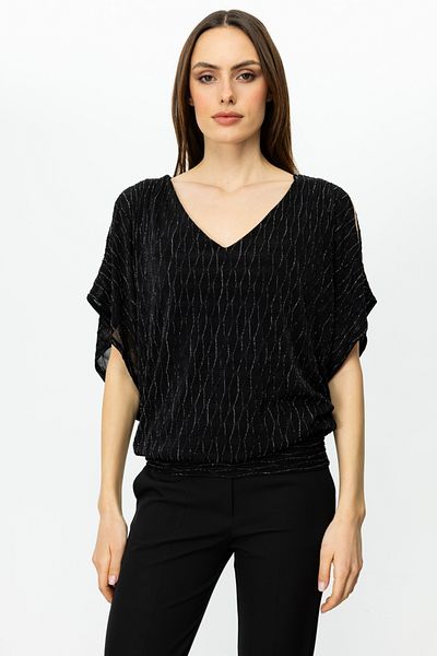 ON 51344 Text V-Neck Glitter Fabric Backless Blouse