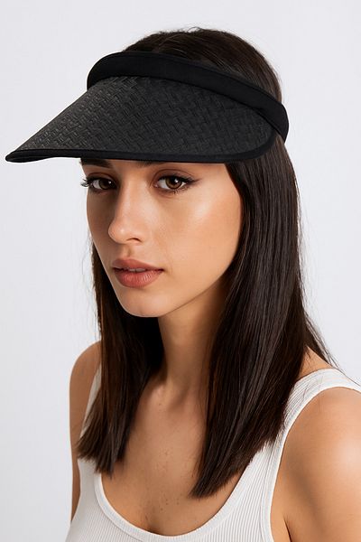 Aghilo Women's Black Patterned Straw Visor Hat |   Wide Brim Uv Protection Summer Stylish Design