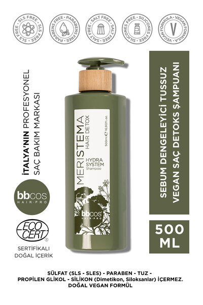 bbcos Meristema Hydra Doğal Vegan Tuzsuz Şampuan 500ml, Saç Dökülmesine Karşı