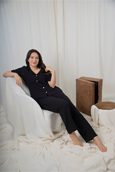 Mia Mina Home Baby Σετ γυναικεία πιτζάμα 2 στρώσεων μουσελίνα 100% βαμβάκι μαύρο χρώμα